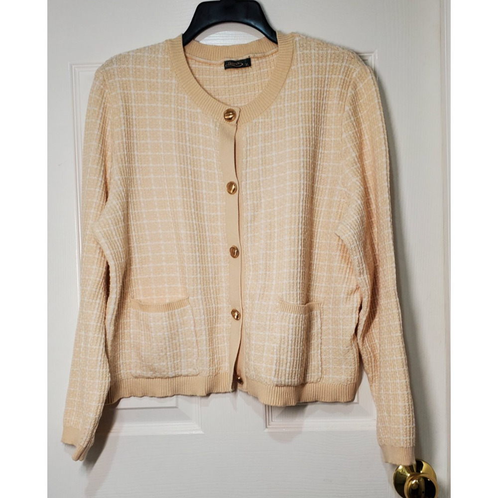 Women’s Beige Button-Front Cardigan Sweater – Textured Grid Pattern – Size XL
